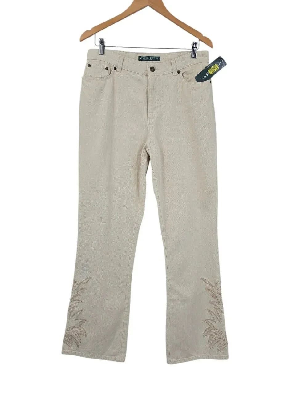 Lauren Ralph Lauren Cream Boot Stitch Embroidered Flare Jeans Vintage
